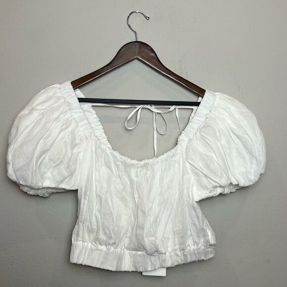Frame Ruched Crop Puff Sleeve Blouse in Blanc‎ Size Medium - Picture 6 of 10